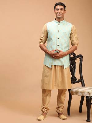 Green And Rose Gold Viscose Jacket, Kurta And Pyjama Set 1