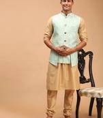 Green And Rose Gold Viscose Jacket, Kurta And Pyjama Set