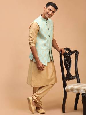 Green And Rose Gold Viscose Jacket, Kurta And Pyjama Set 2