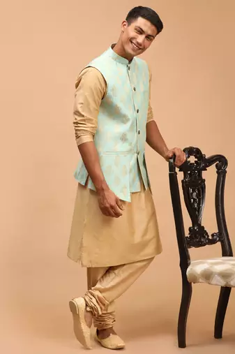 Green And Rose Gold Viscose Jacket, Kurta And Pyjama Set