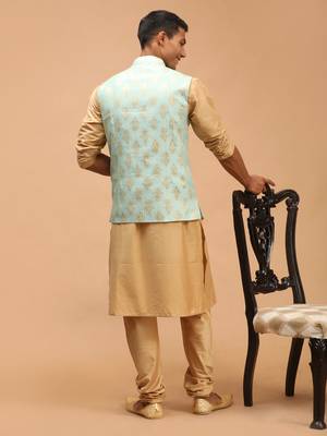 Green And Rose Gold Viscose Jacket, Kurta And Pyjama Set 3