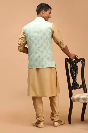 Green And Rose Gold Viscose Jacket, Kurta And Pyjama Set