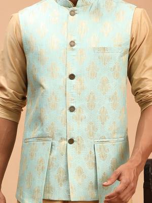 Green And Rose Gold Viscose Jacket, Kurta And Pyjama Set 4