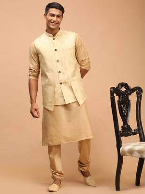 Gold And Rose Gold Viscose Jacket, Kurta And Pyjama Set 1