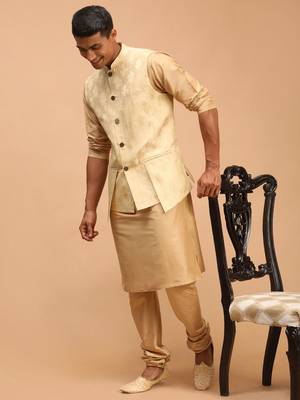 Gold And Rose Gold Viscose Jacket, Kurta And Pyjama Set 2