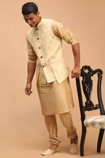 Gold And Rose Gold Viscose Jacket, Kurta And Pyjama Set