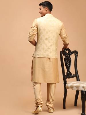 Gold And Rose Gold Viscose Jacket, Kurta And Pyjama Set 3