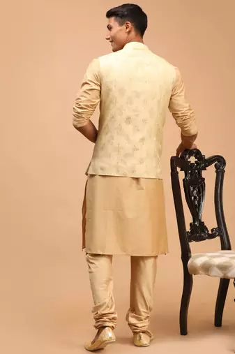 Gold And Rose Gold Viscose Jacket, Kurta And Pyjama Set