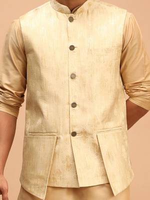 Gold And Rose Gold Viscose Jacket, Kurta And Pyjama Set 4