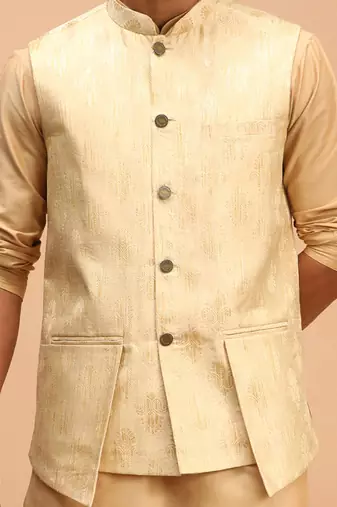 Gold And Rose Gold Viscose Jacket, Kurta And Pyjama Set