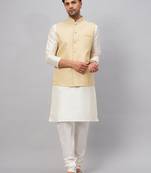 Men'S Cream Silk Blend Jacket, Kurta And Pyjama Set