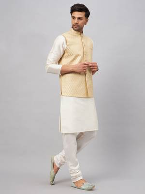 Men'S Cream Silk Blend Jacket, Kurta And Pyjama Set 2