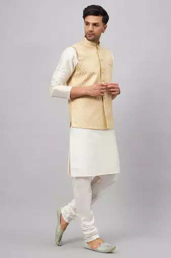 Men'S Cream Silk Blend Jacket, Kurta And Pyjama Set