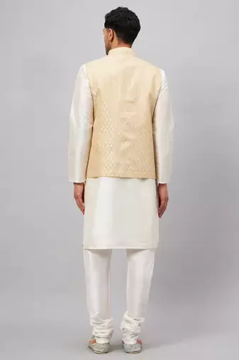 Men'S Cream Silk Blend Jacket, Kurta And Pyjama Set