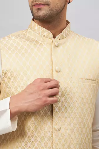 Men'S Cream Silk Blend Jacket, Kurta And Pyjama Set