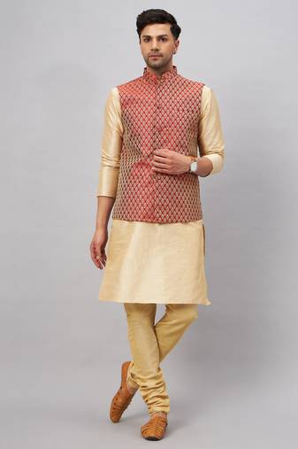 Men'S Gold Silk Blend Jacket, Kurta And Pyjama Set