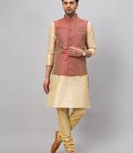 Men'S Gold Silk Blend Jacket, Kurta And Pyjama Set