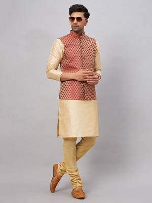 Gold Silk Blend Jacket, Kurta And Pyjama Set 2