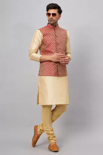 Gold Silk Blend Jacket, Kurta And Pyjama Set