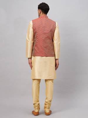 Gold Silk Blend Jacket, Kurta And Pyjama Set 3