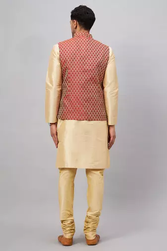 Gold Silk Blend Jacket, Kurta And Pyjama Set