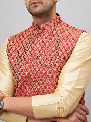 Gold Silk Blend Jacket, Kurta And Pyjama Set 4