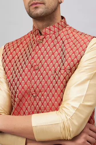 Gold Silk Blend Jacket, Kurta And Pyjama Set