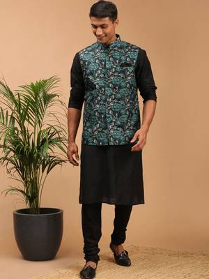 Green And Black Viscose Jacket, Kurta And Pyjama Set 1