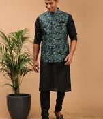 Green And Black Viscose Jacket, Kurta And Pyjama Set