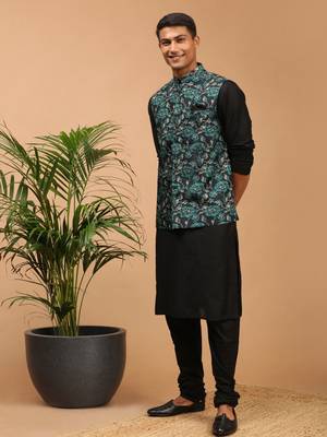 Green And Black Viscose Jacket, Kurta And Pyjama Set 2