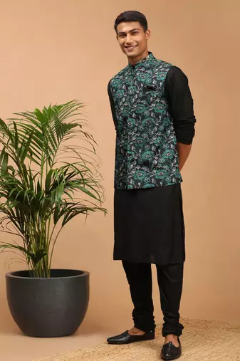 Green And Black Viscose Jacket, Kurta And Pyjama Set