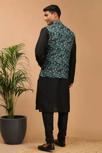 Green And Black Viscose Jacket, Kurta And Pyjama Set