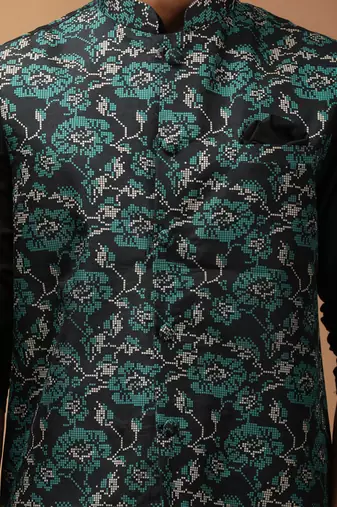 Green And Black Viscose Jacket, Kurta And Pyjama Set