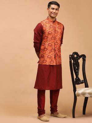 Rust And Maroon Viscose Jacket, Kurta And Pyjama Set 1
