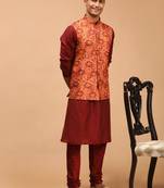 Men'S Rust And Maroon Viscose Jacket, Kurta And Pyjama Set