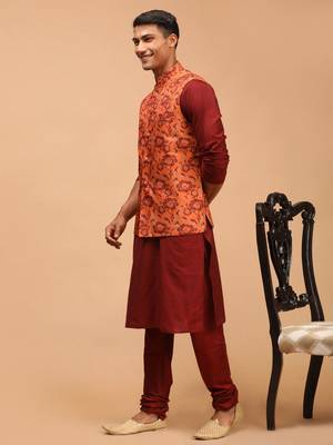 Rust And Maroon Viscose Jacket, Kurta And Pyjama Set 2