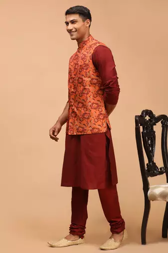 Rust And Maroon Viscose Jacket, Kurta And Pyjama Set