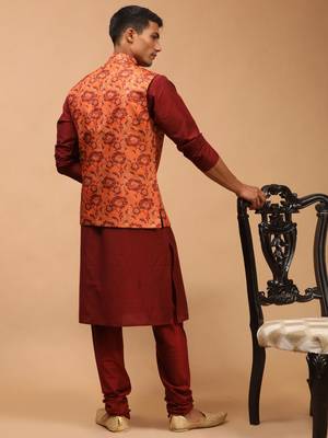 Rust And Maroon Viscose Jacket, Kurta And Pyjama Set 3