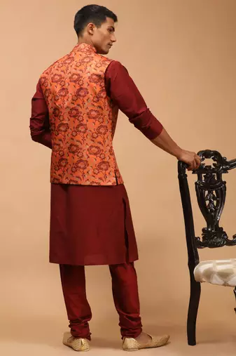 Rust And Maroon Viscose Jacket, Kurta And Pyjama Set