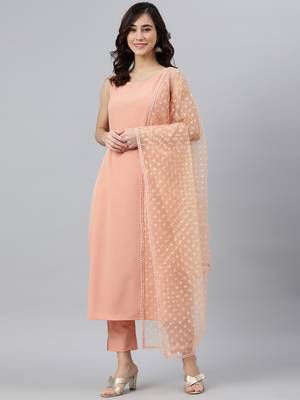 Janasya women's peach poly crepe solid kurta with pant and dupatta 1
