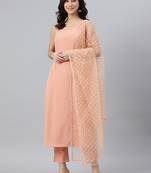 Janasya women's peach poly crepe solid kurta with pant and dupatta