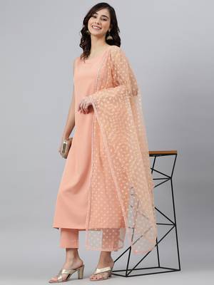 Janasya women's peach poly crepe solid kurta with pant and dupatta 2