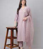 Janasya women's lavender chinon embellished kurta with pant and dupatta