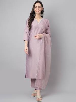 Janasya women's lavender chinon embellished kurta with pant and dupatta 2