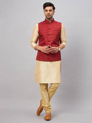 Maroon And Gold Silk Blend Jacket, Kurta And Pyjama Set 1