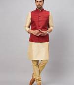 Maroon And Gold Silk Blend Jacket, Kurta And Pyjama Set