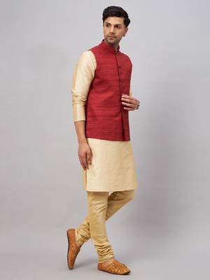 Maroon And Gold Silk Blend Jacket, Kurta And Pyjama Set 2