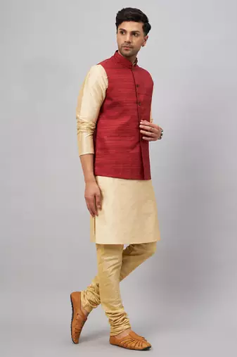 Maroon And Gold Silk Blend Jacket, Kurta And Pyjama Set