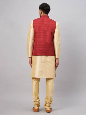 Maroon And Gold Silk Blend Jacket, Kurta And Pyjama Set 3