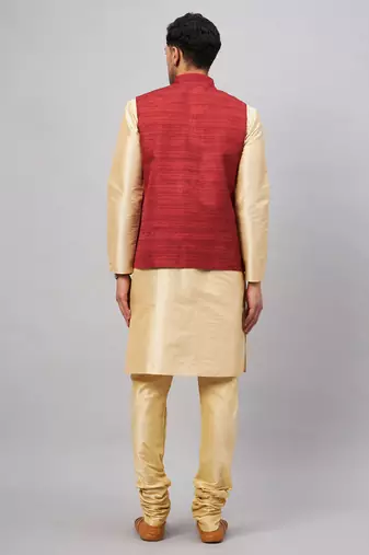 Maroon And Gold Silk Blend Jacket, Kurta And Pyjama Set
